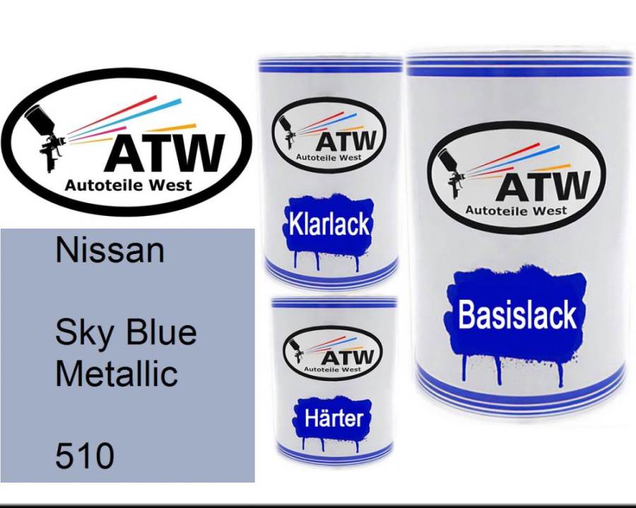 Nissan, Sky Blue Metallic, 510: 500ml Lackdose + 500ml Klarlack + 250ml Härter - Set, von ATW Autoteile West.